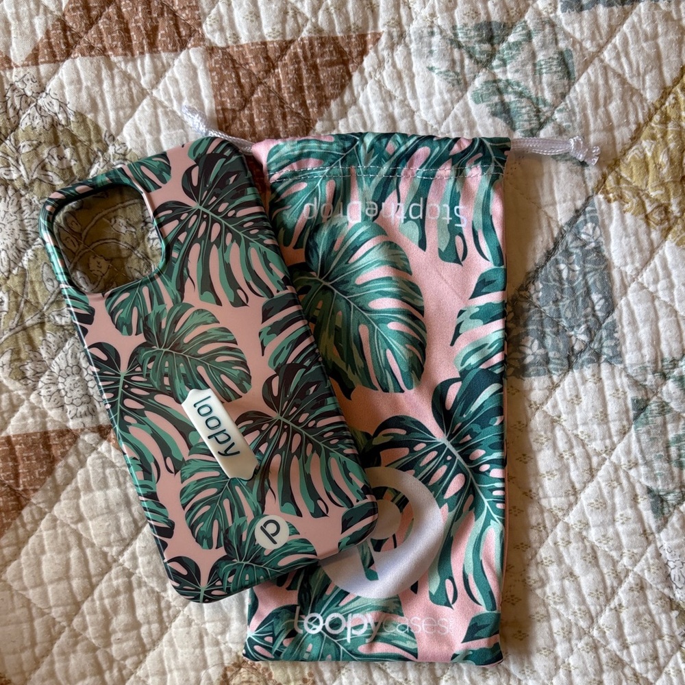 Pink and Green Leaf Pattern Loopy Phone Case with Pouch 12 Pro Max